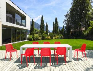8 Red Air Chairs and White Vegas XL Table Set