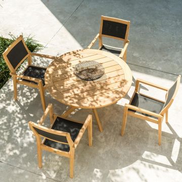 Roble 4 Seat Round Set with Cross Base and Charcoal Sling Chairs