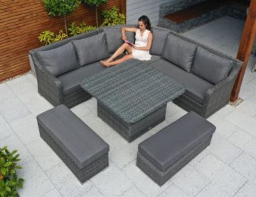 Vancouver Rattan Corner Sofa Dining Set With Two Benches in Grey