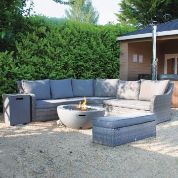 Vancouver Rattan Corner Sofa Set Lasair Round Firepit With Bench in Grey