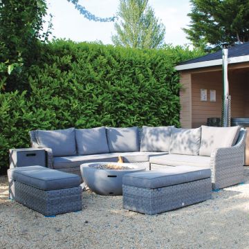 Vancouver Rattan Corner Sofa Set Lasair Round Firepit With Two Benches in Grey