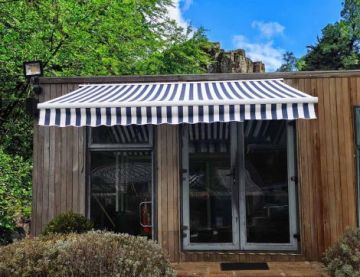 Aurora Prestige Blue and White Awning with Manual and Remote Control - 3.5m x 2.5m