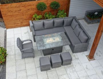 California Corner Fire Pit Set with Rectangular Table and Chicago Armchair