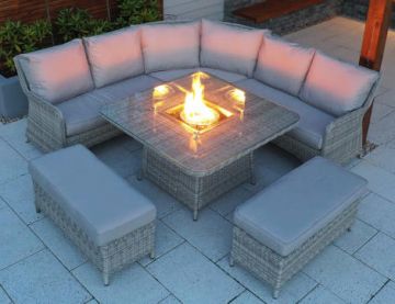 Large Outdoor Rattan Corner Fire Pit Set