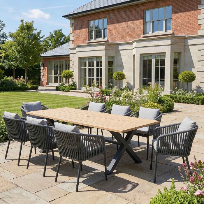 Palm 240cm Teak Effect Rectangular Dining Set with 8 Camilla Grey Chairs main product photo