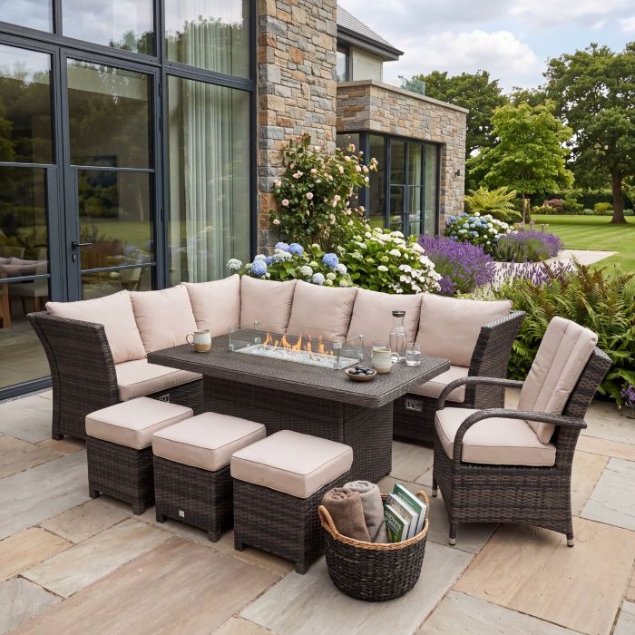 Santander Corner Dining Set with Rectangular Firepit Table and Cairo Chair - Mixed Brown main product photo