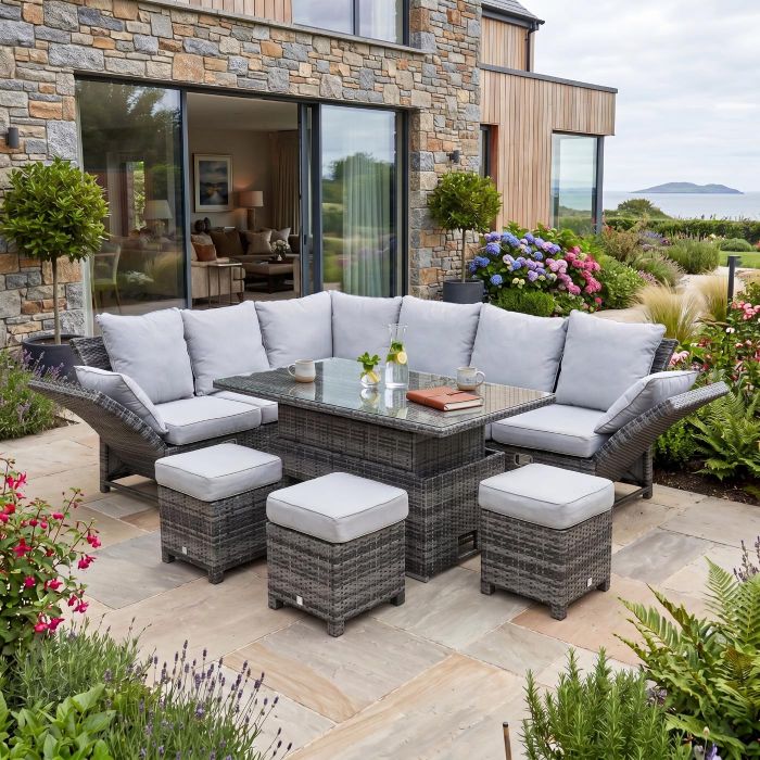 Santander Corner Rattan Outdoor Dining Set with Rising Table and Recliner - Grey main product photo