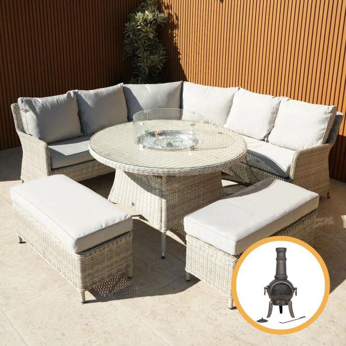 Hamilton Corner Bench Set with Round Firepit Dining Table main product photo