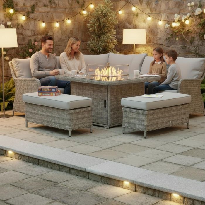 Hamilton Rattan Corner Dining Set with Square Firepit and Two Benches main product photo