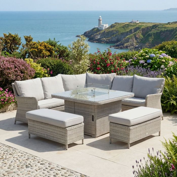 Hamilton Rattan Corner Dining Set with Square Firepit and Two Benches main product photo