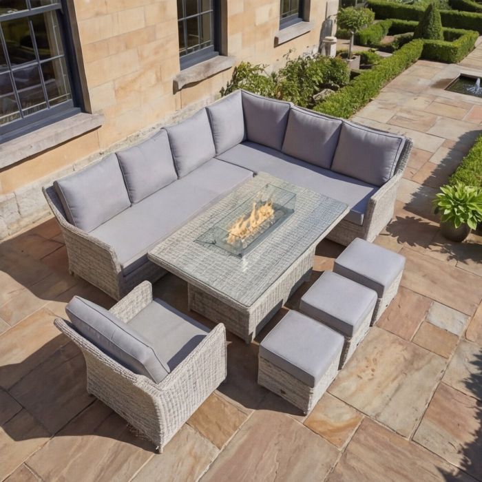 Hamilton Rattan Left Handed Corner Dining Set with Rectangular Gas Firepit Table and Armchair main product photo