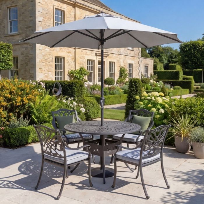 Hartman Capri 4 Seat Round Cast Aluminium Set with Parasol and Base - Antique Grey main product photo