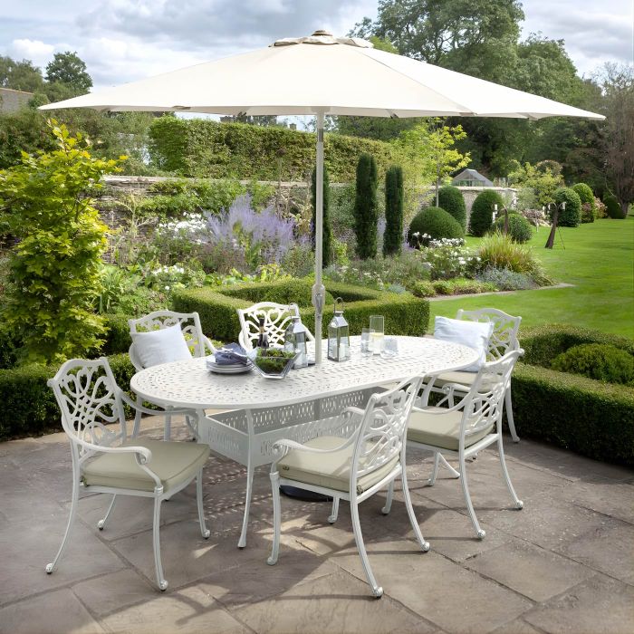 Capri 6 Seat Oval Cast Aluminium Set with Parasol and Base - Maize main product photo