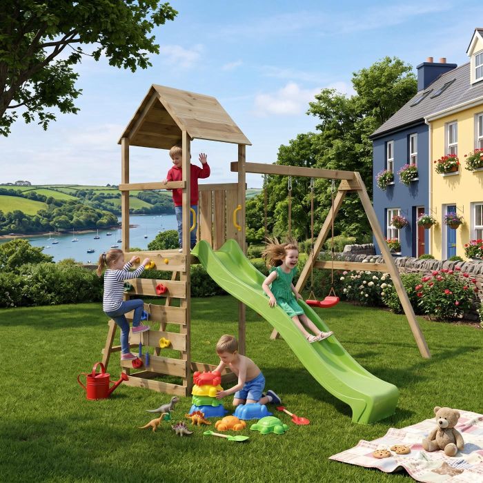 Little Glen Max-Play 2.2 Open Treenhouse with 2 Swings, Climbing wall and Green Slide main product photo