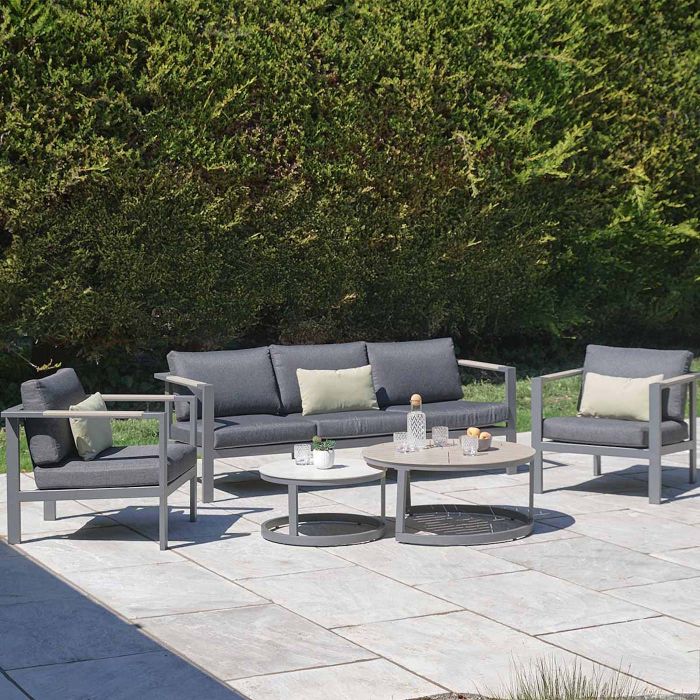 Sanctuary Birch 3 Seat Sofa with Lounge Chairs, Nested Coffee Tables and Cushions main product photo