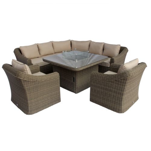Avoca Rattan Corner Dining Set with Gas Firepit Table - Light Brown