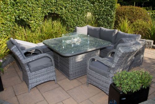 Rio Grande Corner Rattan Sofa Set With Firepit and Two Chicago Armchairs - Grey