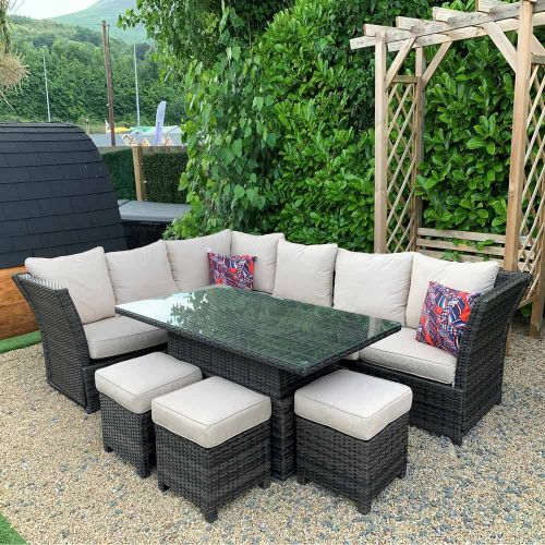 Santander Corner Rattan Dining Set with Rising Table and Recliner - Mixed Brown