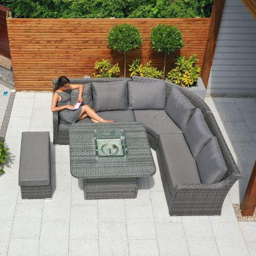 Vancouver Rattan Corner Sofa Set With Halifax Square Firepit Table and Bench