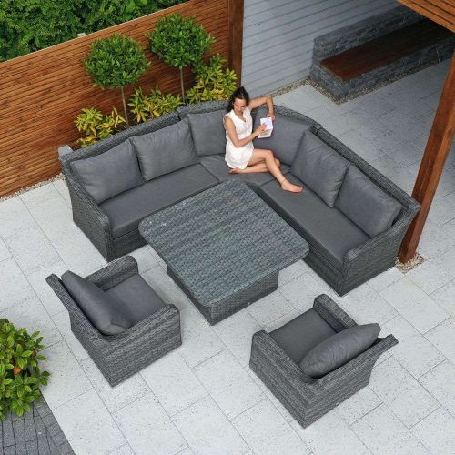 Vancouver Rattan Square Corner Sofa Dining Set With Two Armchairs in Grey