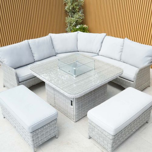 Hamilton Rattan Corner Dining Set with Square Firepit and Two Benches