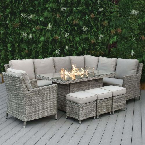 Hamilton Rattan Left Hand Corner Dining Set with Rectangular Gas Firepit Table and Armchair