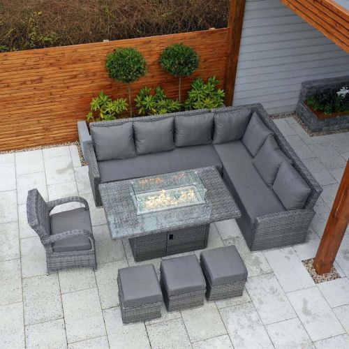California Corner Fire Pit Set with Rectangular Fire Pit Table and Chicago Armchair