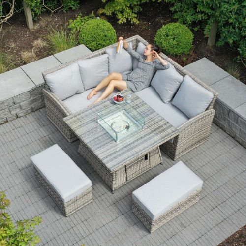 Delgany Corner Fire Pit Rattan Sofa Set with Two Footstools