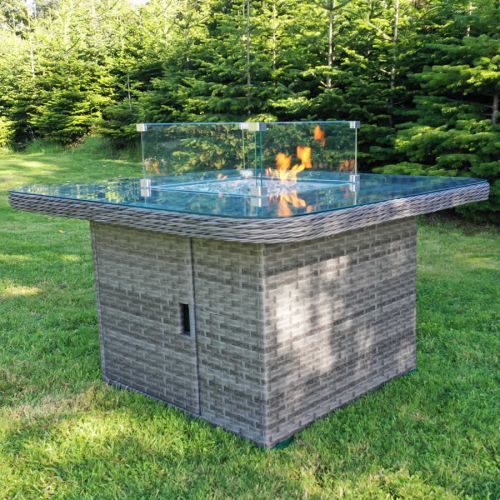 Large Square Rattan Gas Fire Pit Table - Grey