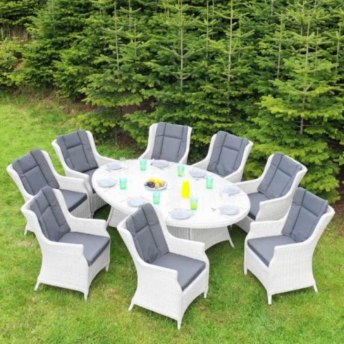 Roma Rattan 8 Seat Oval Dining Table and Chairs with Lazy Susan - Light Grey
