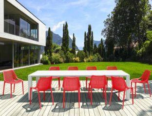 10 Red Air Chairs and White Vegas XL Table Set