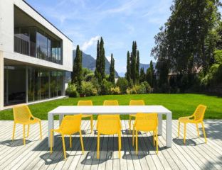 8 Yellow Air Chairs and White Vegas XL Table Set