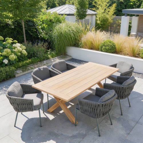 Hartman Regis Teak Dining Table with 6 Aranweave Grey Chairs