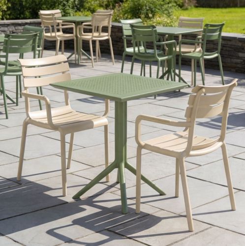 2 Paris Chairs in Taupe and Sky 60cm x 60cm Folding Table Set in Green