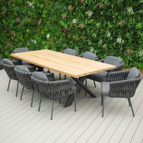 Tebal Teak 240cm Rectangular Table with 8 Aranweave Grey Chairs