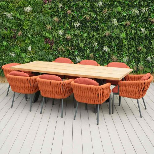 Tebal Teak 240cm Rectangular Table with 8 Aranweave Orange Chairs