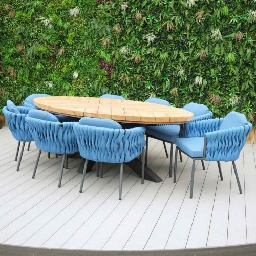 Meja Teak Oval 240cm Table with 8 Aranweave Chairs in Blue