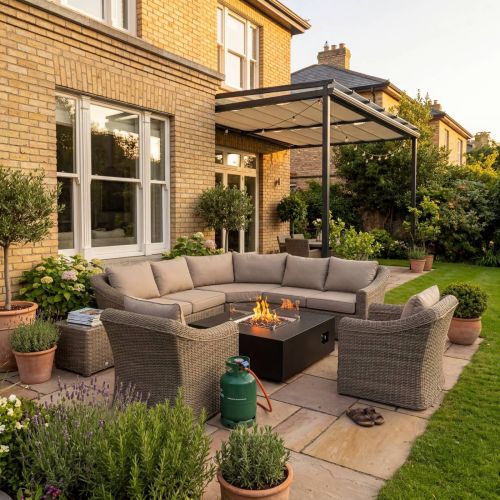 Avoca Corner Dining Set with Square Bronze Firepit Table