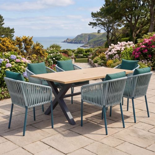 Palm 180cm Rectangular Dining Table with 6 Camilla Teal Chairs