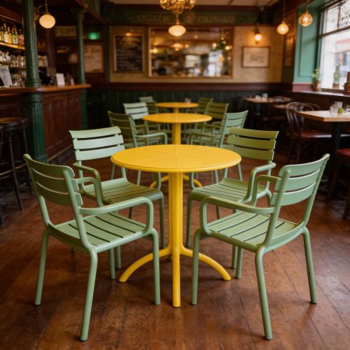 4 Seater Octopus Round Table Yellow with Paris Chairs in Green