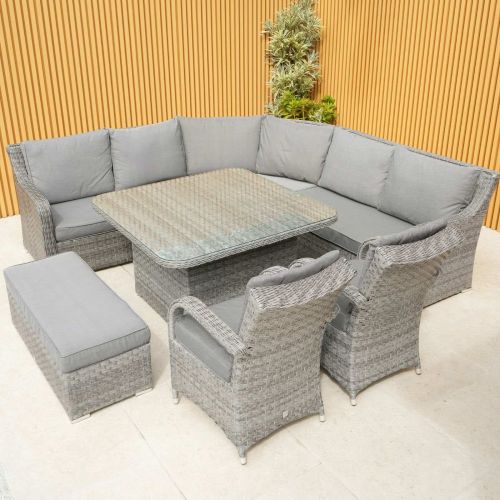 Vancouver Rattan Corner Sofa Dining Set With Bench and 2 Chicago Chairs in Grey