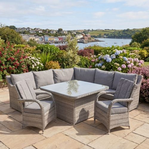 Vancouver Rattan Corner Sofa Dining Set With Two Chicago Chairs in Grey