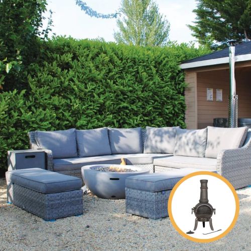 Vancouver Rattan Corner Sofa Set Lasair Round Firepit With Two Benches in Grey