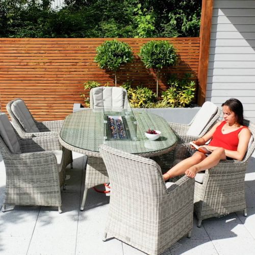 Hamilton 6 Seat Oval Rattan Furniture Set with Gas Fire Pit - Grey