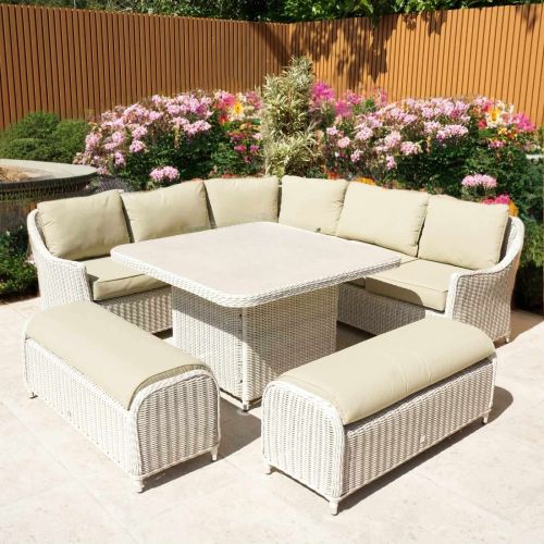 Connemara Rattan Corner Garden Dining Set with Square Rising Table and 2 Benches