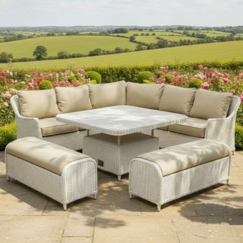 Connemara Rattan Corner Garden Dining Set with Square Rising Table and 2 Benches