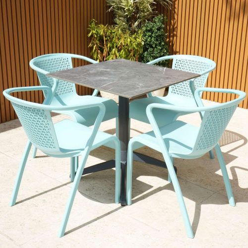 Gemini Light Marble Table with 4 Tuga Chairs in Blue