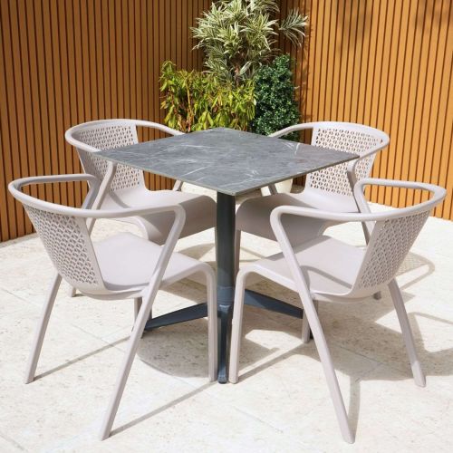 Gemini Light Marble Table with 4 Tuga Chairs in Turtle Dove