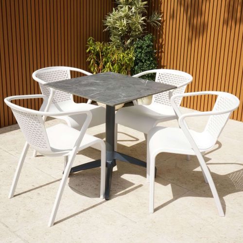 Gemini Light Marble Table with 4 Tuga Chairs in Pastel Ice