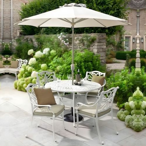 Capri Cast Aluminium 4 Seat Round Set with Parasol and Base - Maize